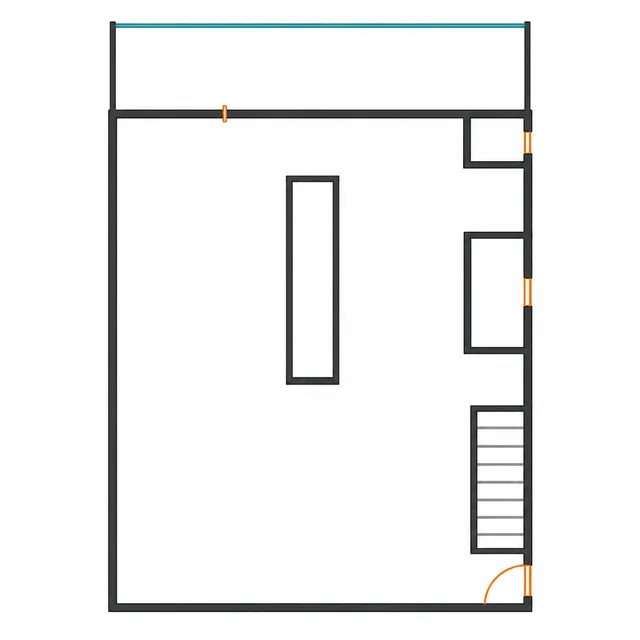 The same ground floor as a square-on line drawing, still drawn only a little deeper than it is wide.