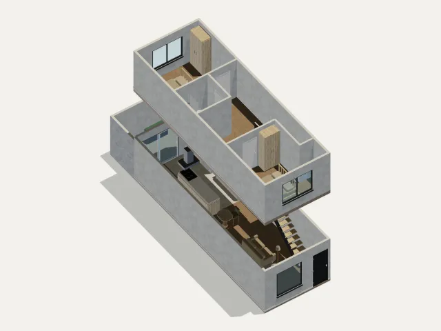 The refined two-storey model with the upper floor lifted above the ground floor, an open stair, a kitchen island and a glazed terrace opening.