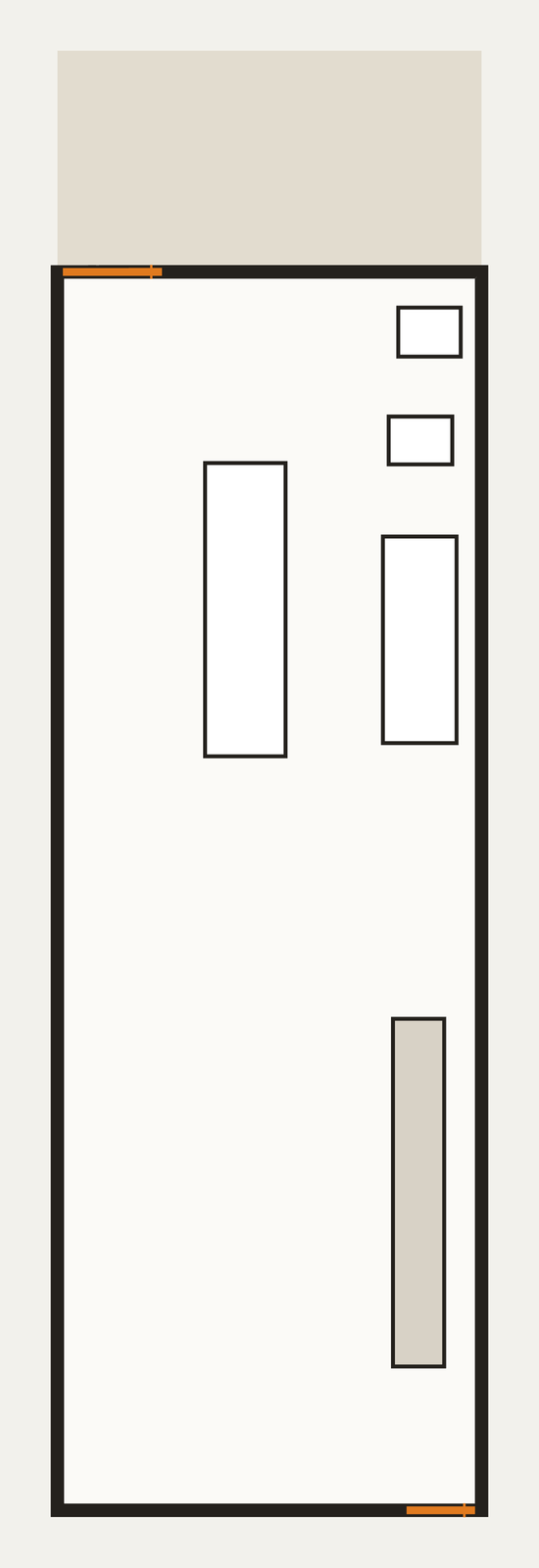 A top view of the first model at true proportion: a long, narrow interior 3.77 m wide and 11 m deep.