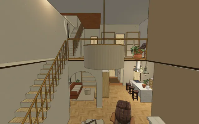 The sample duplex in Mediterranean style, double-height living view with sharing notes.