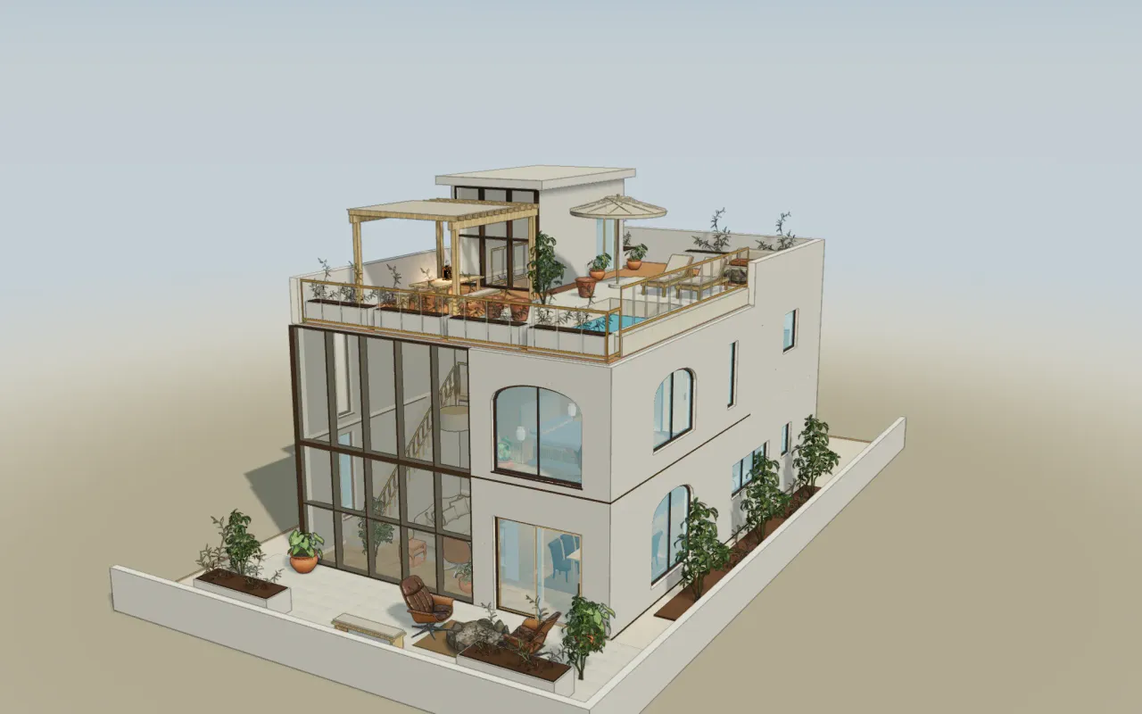 The sample duplex’s 3D model in its Warm Mediterranean style, seen from the walled garden: three storeys, the double-height glass wall and the roof terrace.