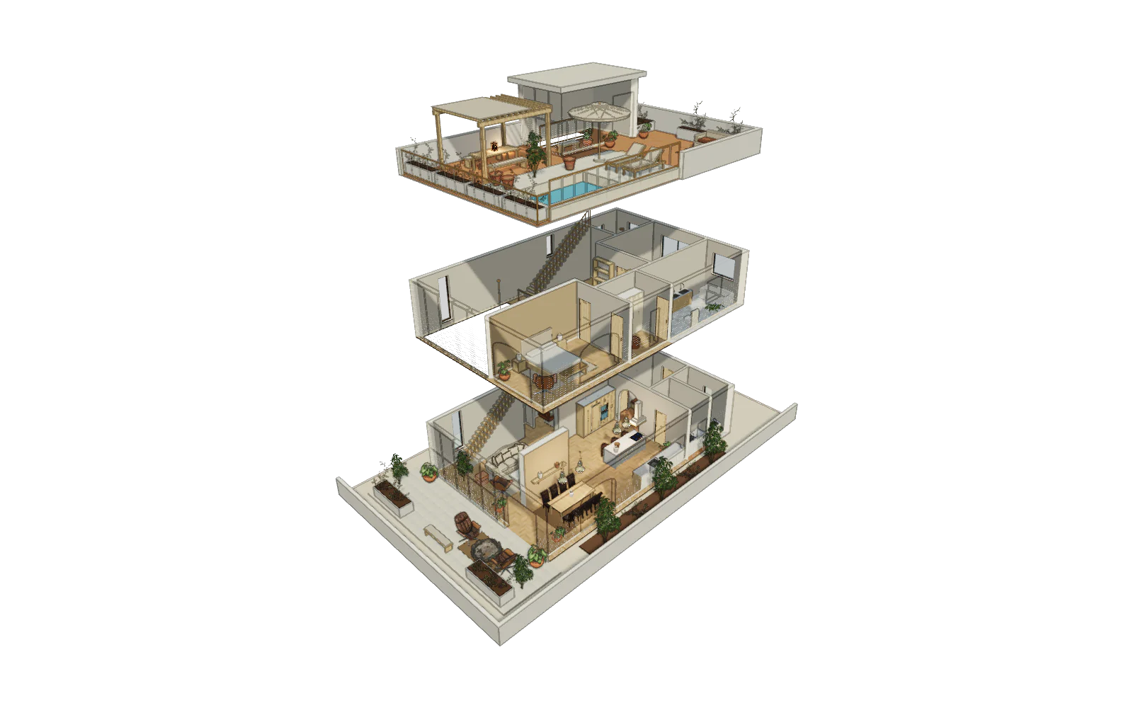 The sample duplex’s 3D model in the editor with its three floors lifted apart: the ground floor with the kitchen, living and dining rooms, the first floor with the bedrooms, and the roof terrace with its pool and pergola.