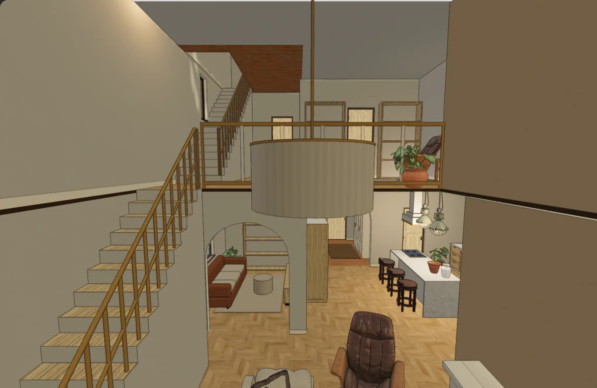 The sample duplex’s double-height living room in its Warm Mediterranean style, floored in oak chevron